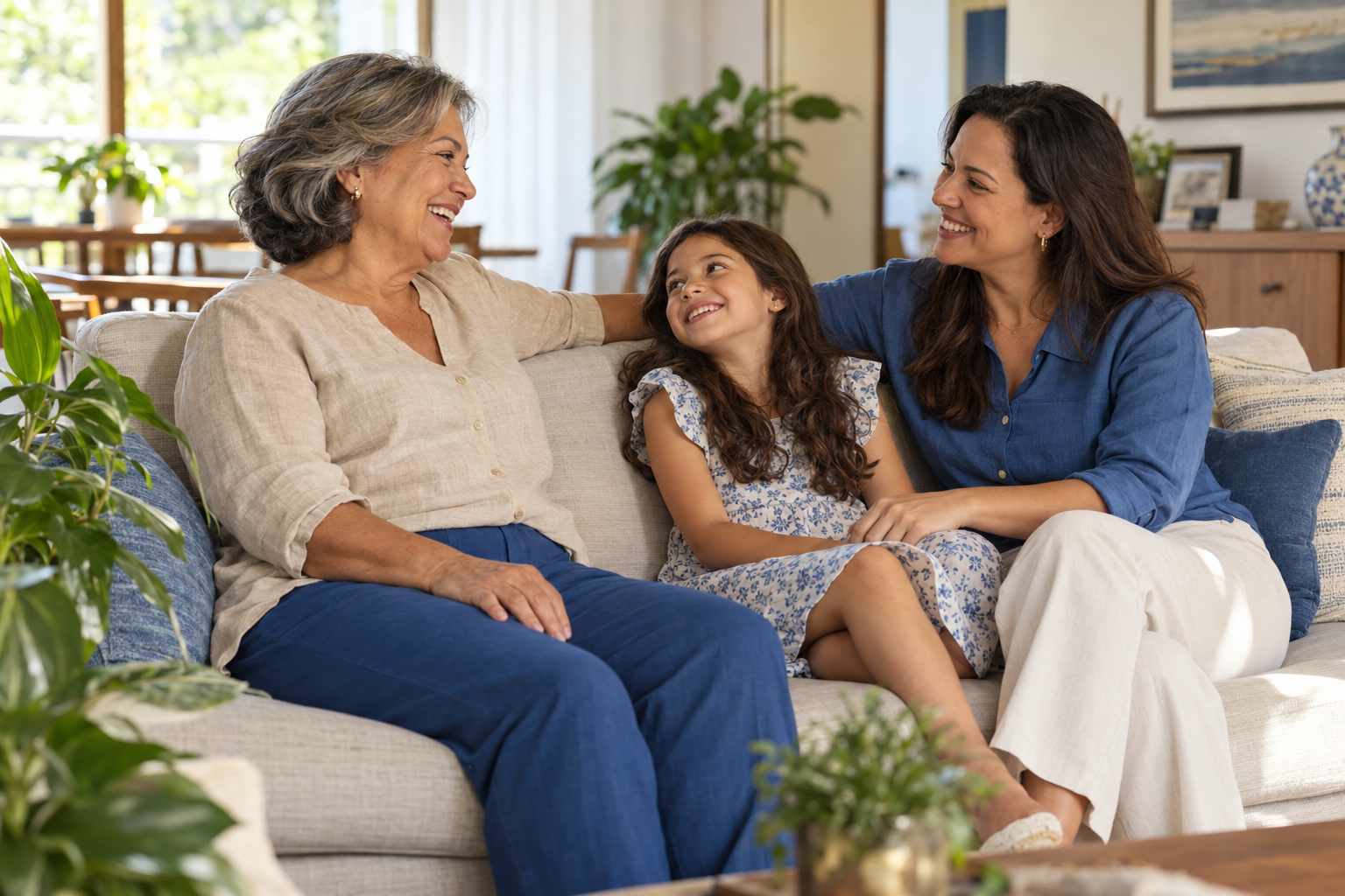 Família em um momento de conversa no sofá
